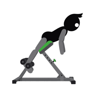 Illustration of the Machine Back Extension: Push the pad back with the upper back and pause - do not slam the stack.