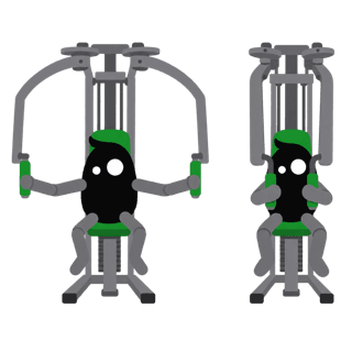 Illustration of the Pec Deck: Elbows stay at chest height, hug the arms together, hold one second.