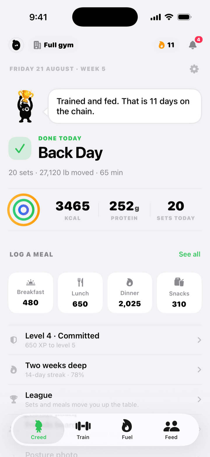 The Creed Today screen: one obvious action, calorie and macro rings, and the day's meals.