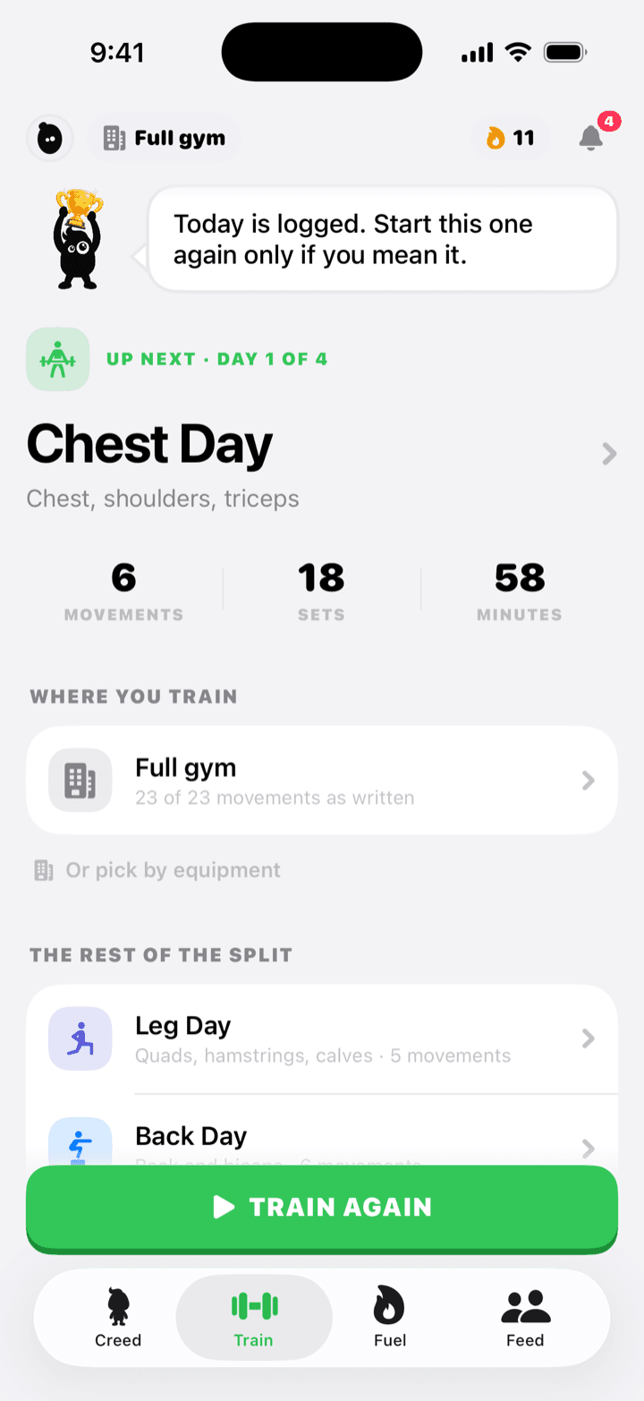 The Train tab: the current split, program progress and a muscle coverage line.