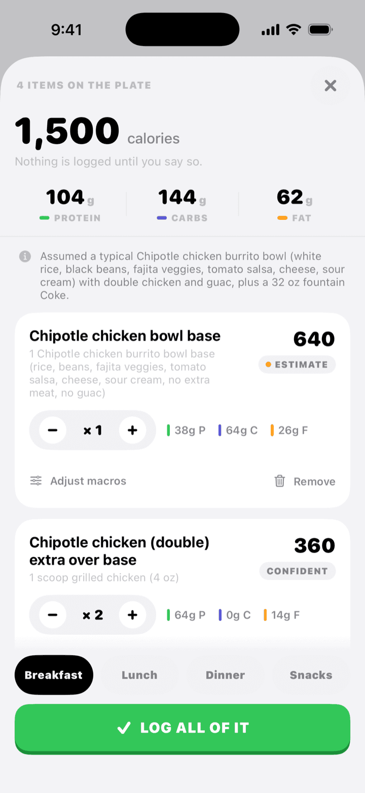 An AI meal review, itemising a photographed plate before anything is logged.