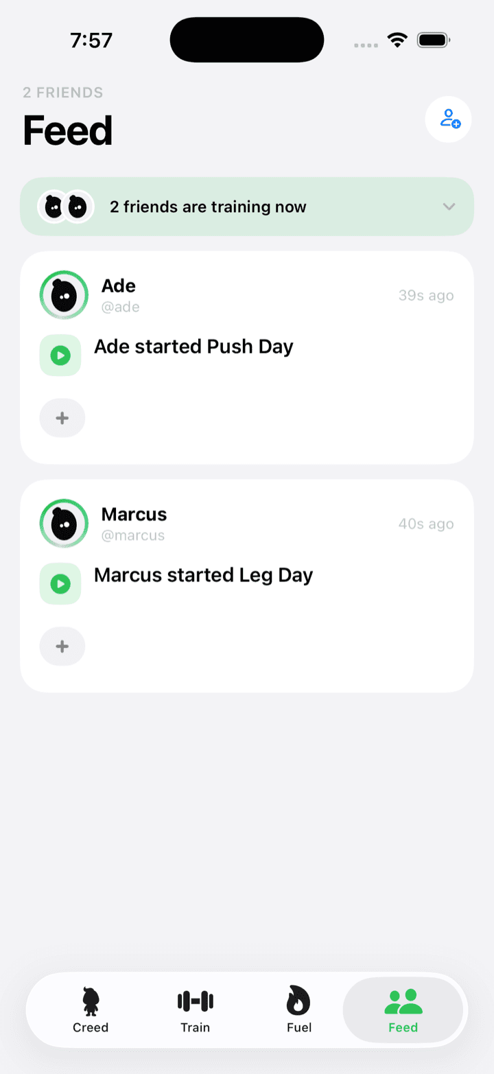 Two friends training live in the Creed feed, each with a session in progress.