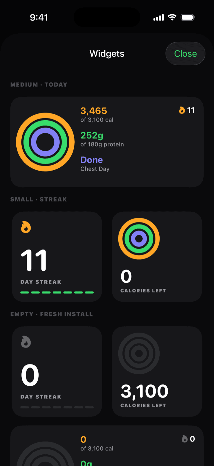 The home screen widget gallery at true widget sizes.